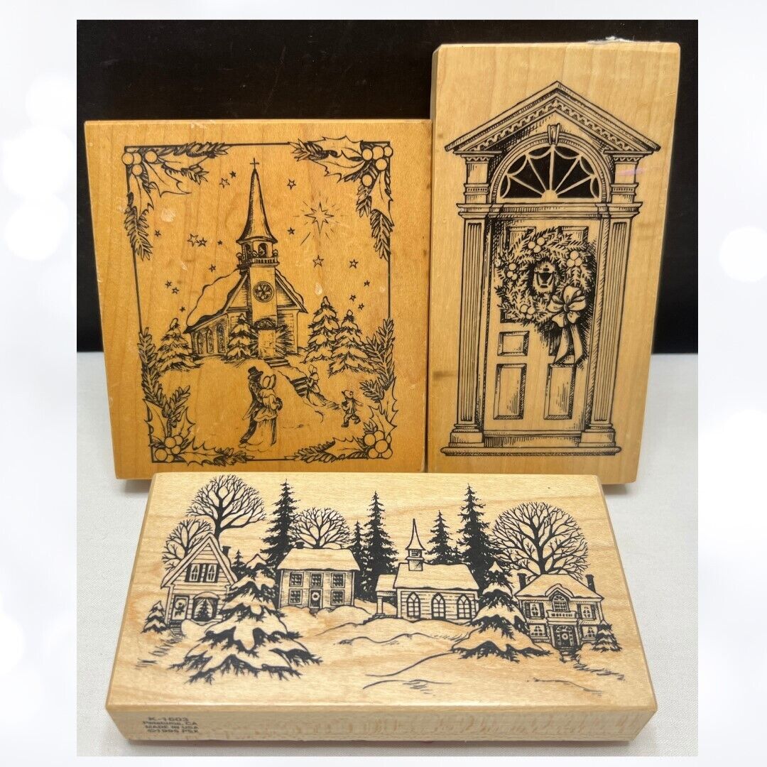 PSX CHRISTMAS Door Church Village Holiday Rubber Stamps Lot of 3