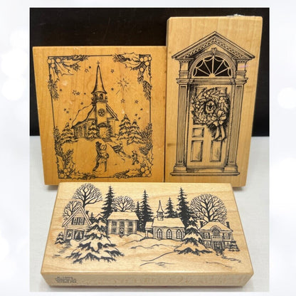 PSX CHRISTMAS Door Church Village Holiday Rubber Stamps Lot of 3