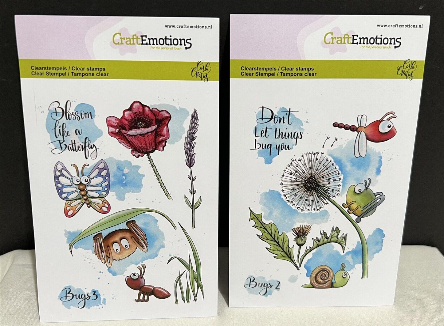 Craft Emotions BUGS 2 & 3 Insects Butterfly Snail Rubber Stamps Lot of 2