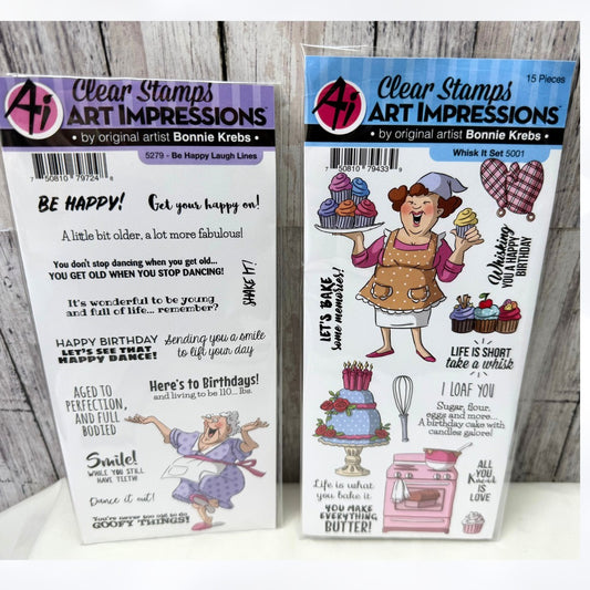 Art Impressions WHISK IT Be Happy Laugh Lines Old Lady Funny Rubber Stamps
