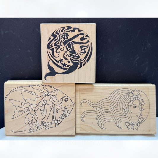 MERMAID Celestial Woman Fish Mixed Media Rubber Stamps Lot of 3