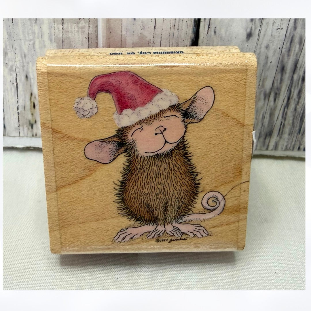 House Mouse SANTA'S LITTLE HELPER Christmas Santa Hat Mice Rubber Stamp