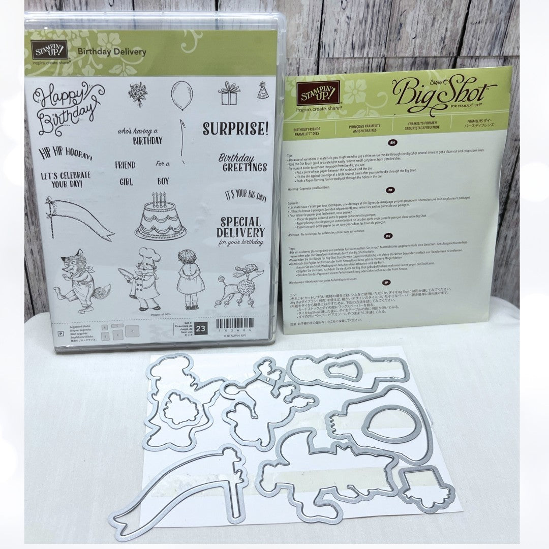 Stampin Up BIRTHDAY DELIVERY Friends Party Animals Rubber Stamps Dies