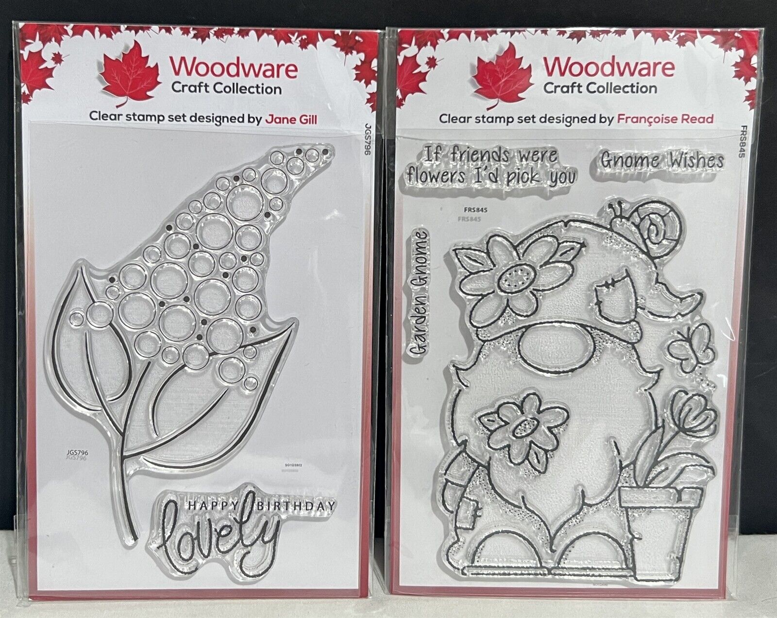 Woodware GARDEN GNOME Fizzie Bloom Flowers Floral Rubber Stamps Lot of 2