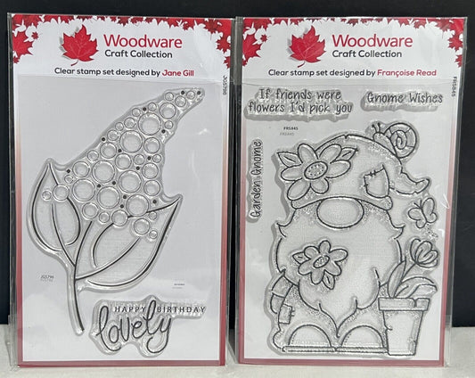 Woodware GARDEN GNOME Fizzie Bloom Flowers Floral Rubber Stamps Lot of 2