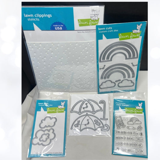 Lawn Fawn STITCHED RAINBOW Umbrella Clouds Bear Rubber Stamps Dies Lot