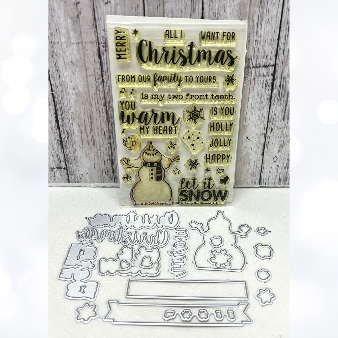 Honey Bee LET IT SNOW Snowman Christmas Holiday Rubber Stamps Dies