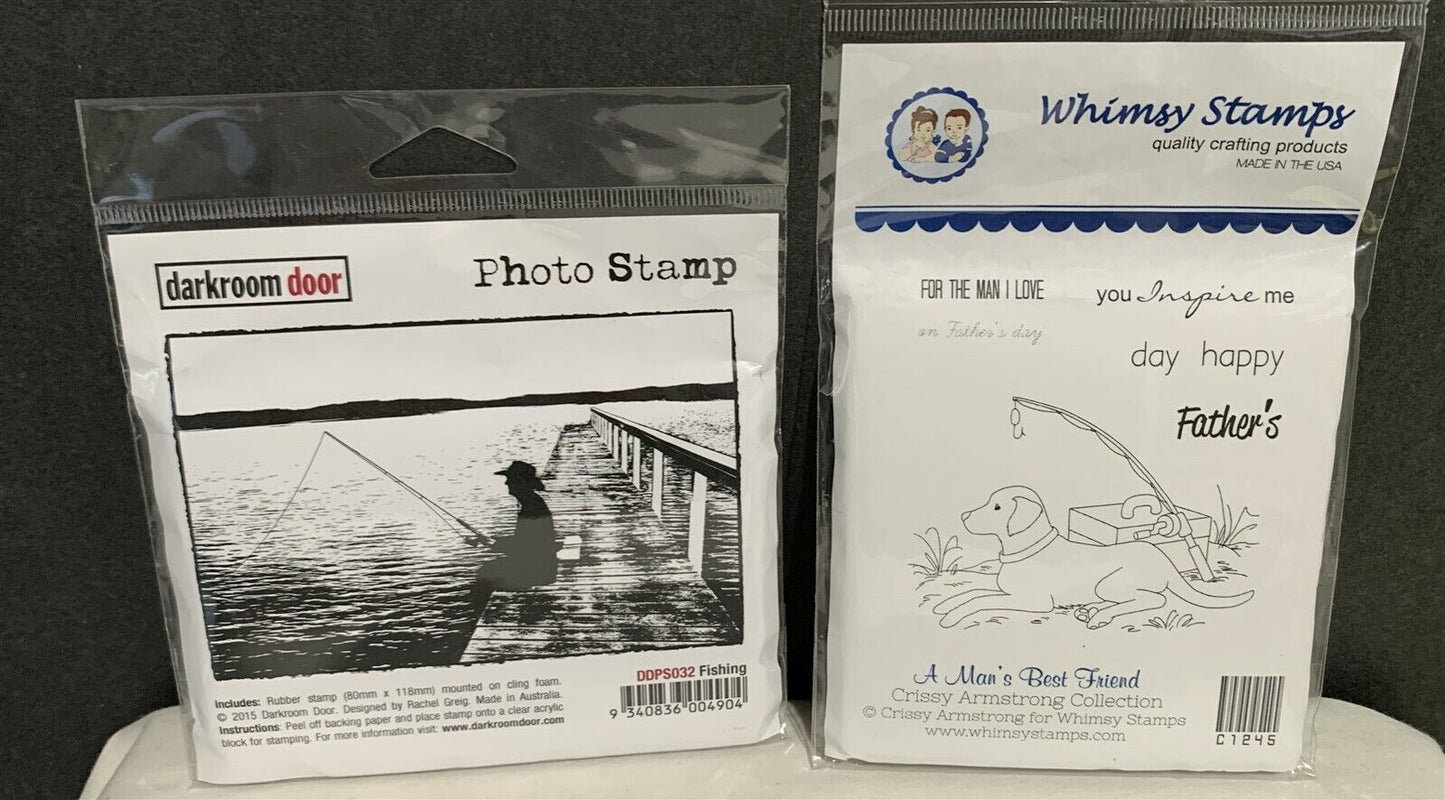 Darkroom Door Whimsy FISHING Dog Fish Best Friend Rubber Stamps Lot of 2