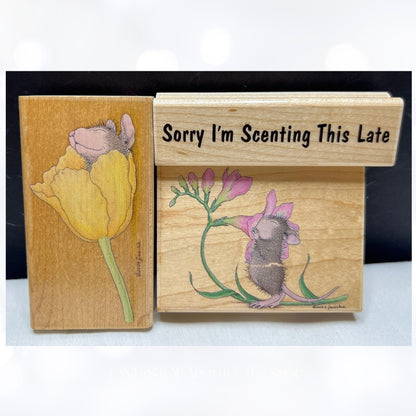 House Mouse FLOWER BED Smell the Flowers Mice Rubber Stamps Lot of 3