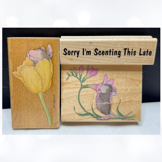 House Mouse FLOWER BED Smell the Flowers Mice Rubber Stamps Lot of 3