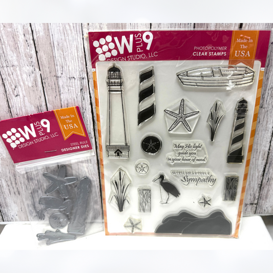 Wplus9 GUIDING LIGHT Lighthouse Beach 6x8 Rubber Stamps Dies