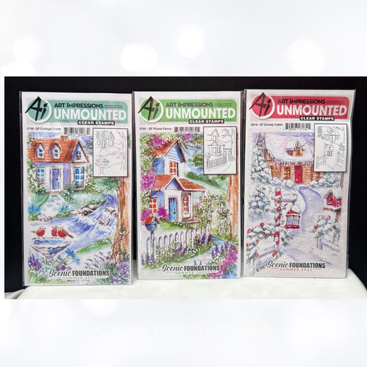 Art Impressions SCENIC FOUNDATIONS Cabin Cottage Rubber Stamps Lot of 3