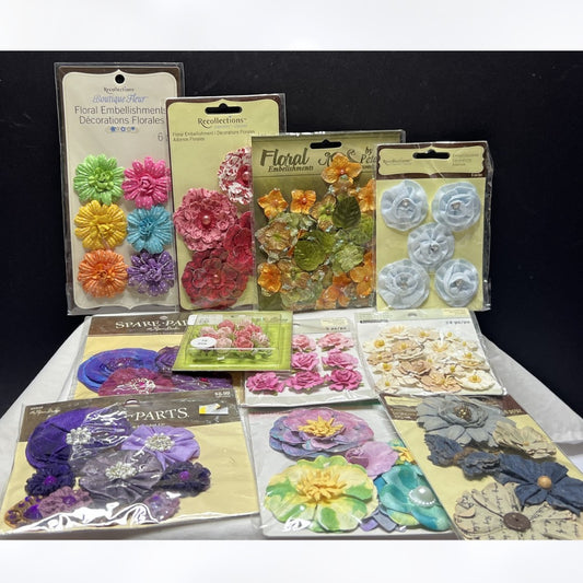 FLOWERS Fabric Paper Crafting Embellishments Lot of 11