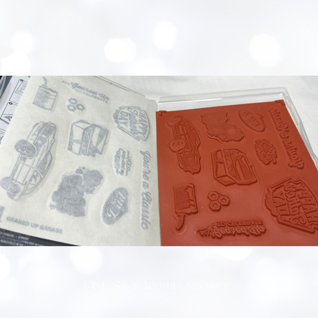 Stampin Up GEARED UP GARAGE Metal Plate Fathers Day Cars Rubber Stamps Set