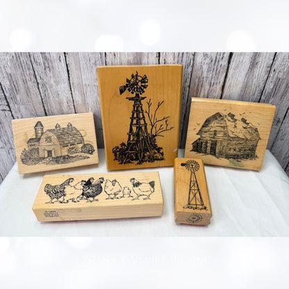 FARM Barn Windmill Chickens Wood Rubber Stamps Lot