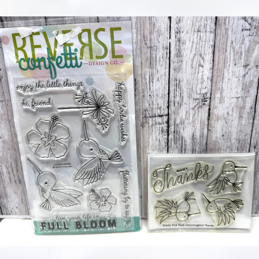Reverse Confetti & Pretty Pink Posh HUMMINGBIRDS Thanks Rubber Stamps Set of 2