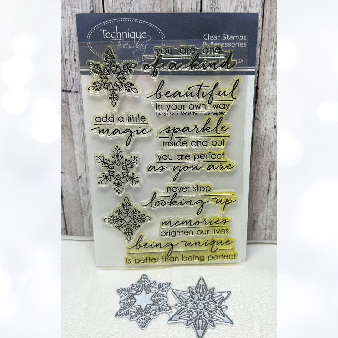 Technique Tuesday BEING UNIQUE Snowflakes Christmas Rubber Stamps Dies