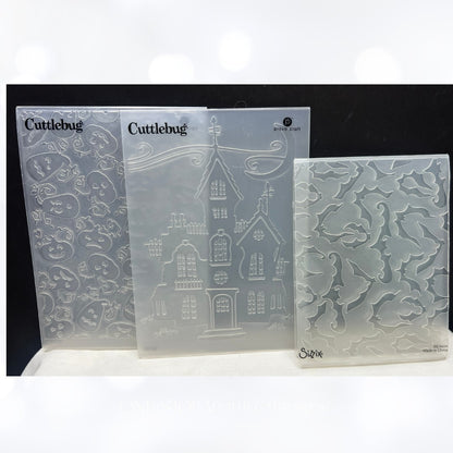 Cuttlebug Sizix HALLOWEEN Haunted House Owl Bats Embossing Folders Lot