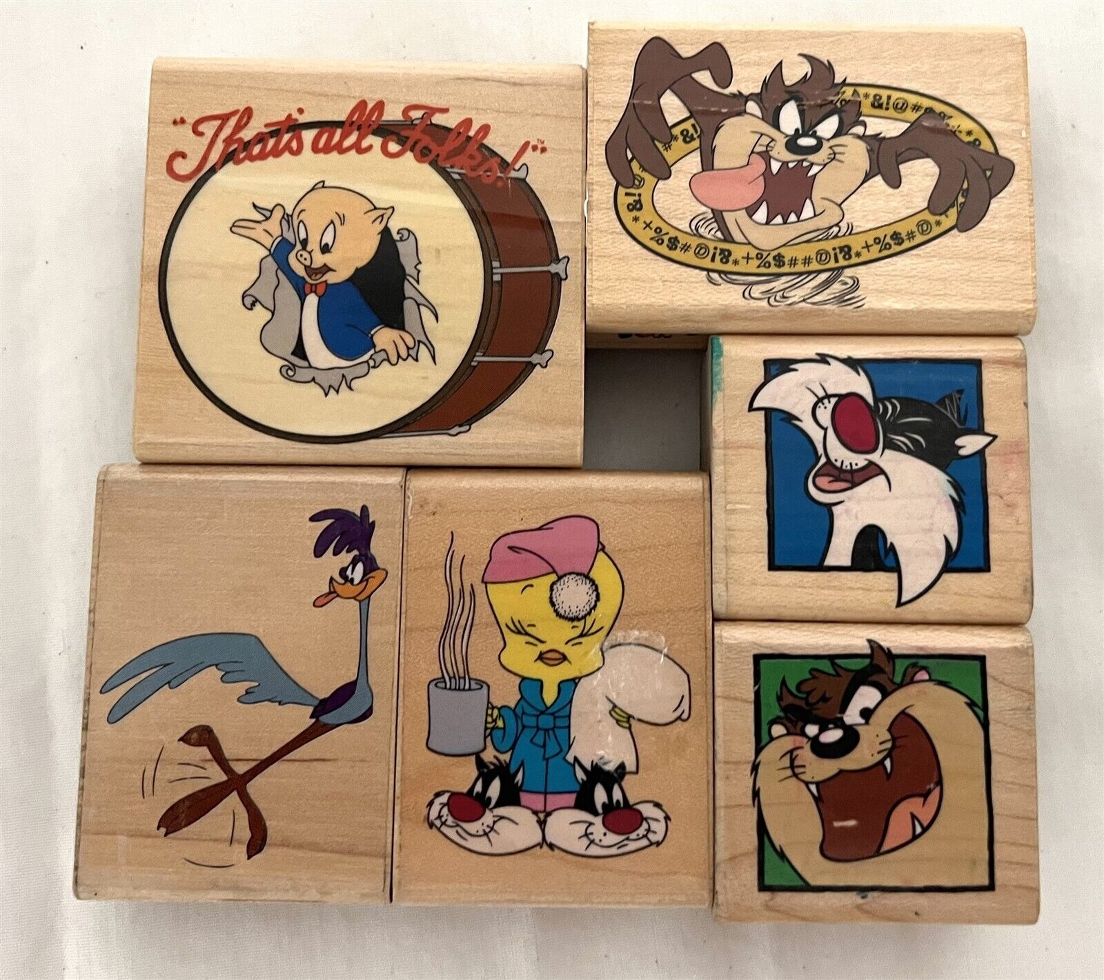 LOONEY TUNES Tweety Taz Porky Pig Vintage Wood Rubber Stamps Lot of 6