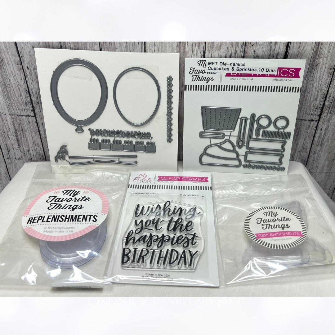 My Favorite Things BIRTHDAY CUPCAKE Balloons Shaker Stamps Dies Pouches