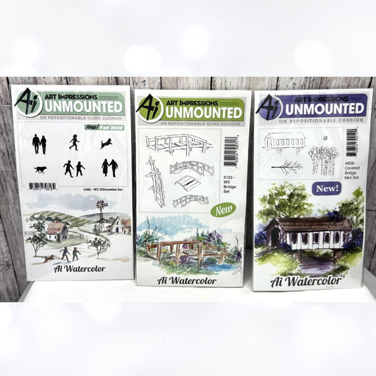 Art Impressions COVERED BRIDGE Silhouettes Landscape Watercolor Rubber Stamps