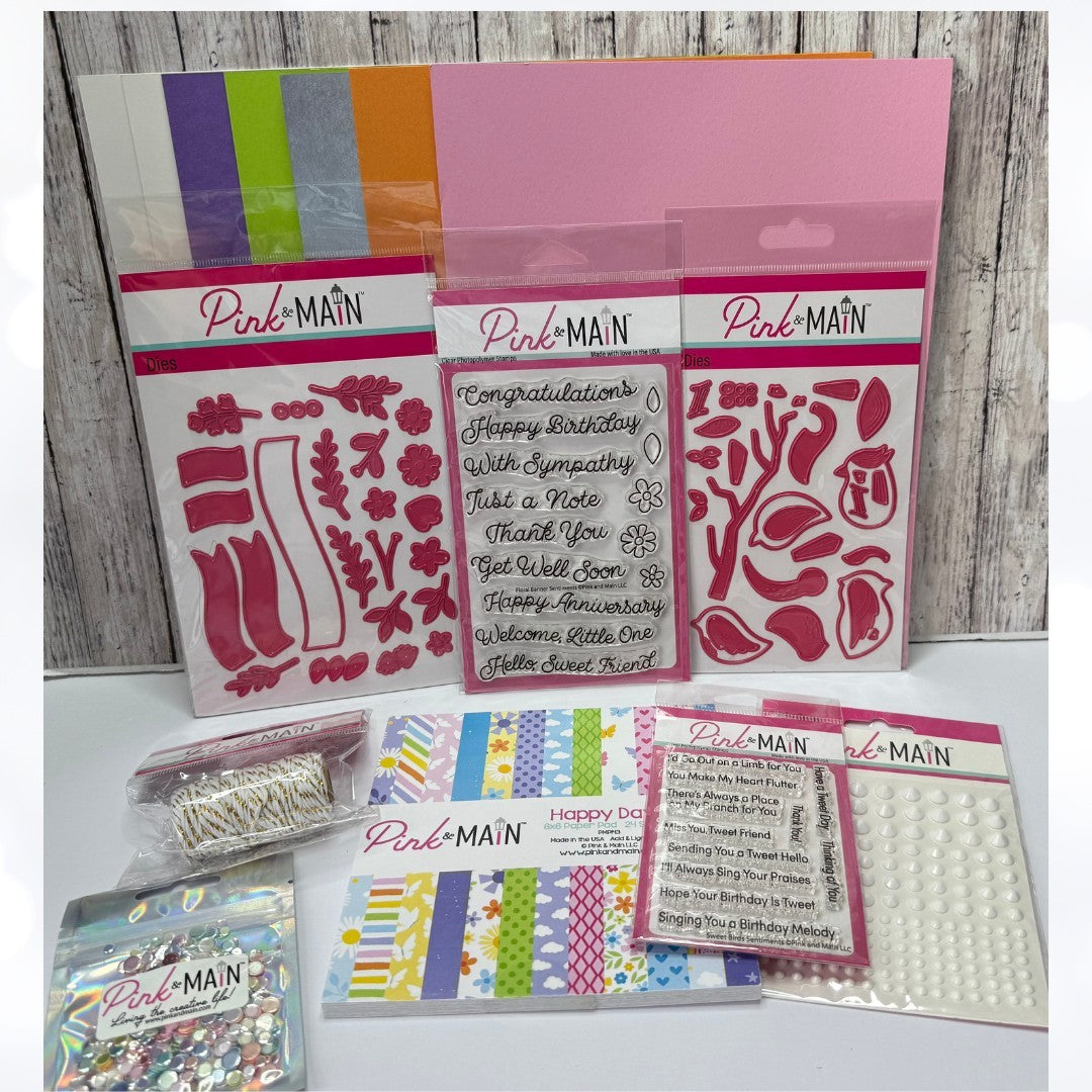 Pink & Main SWEET BIRDS Floral Banners Rubber Stamps Dies Paper Kit
