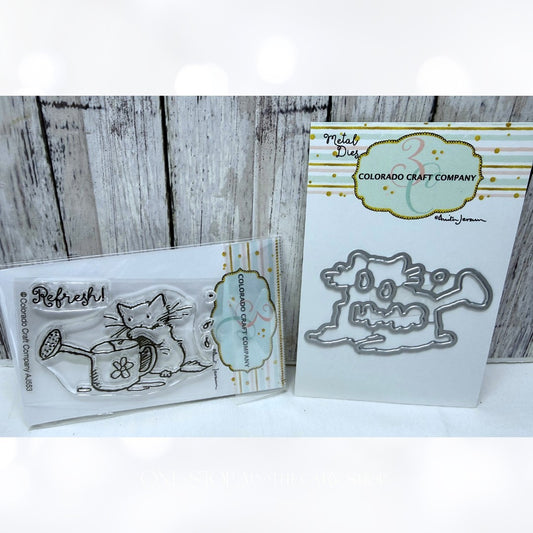 Colorado Craft Company WATERING CAN MINI Cat Kitty Rubber Stamps Dies