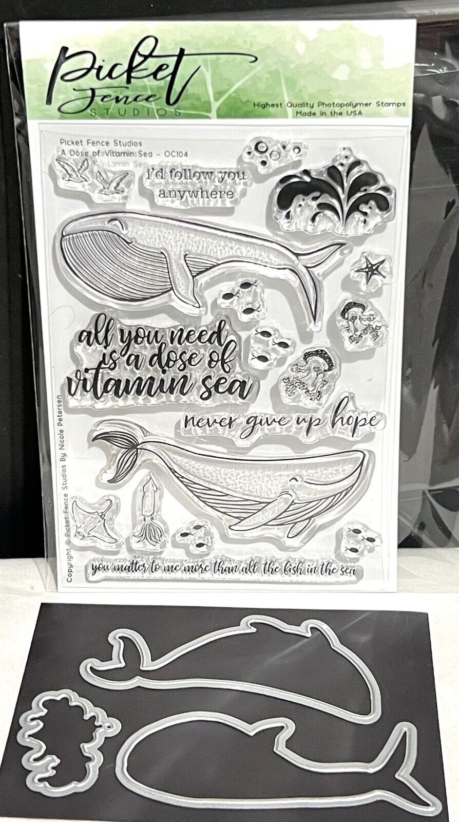 Picket Fence DOSE OF VITAMIN SEA Whale Ocean Beach Fish Rubber Stamps Dies