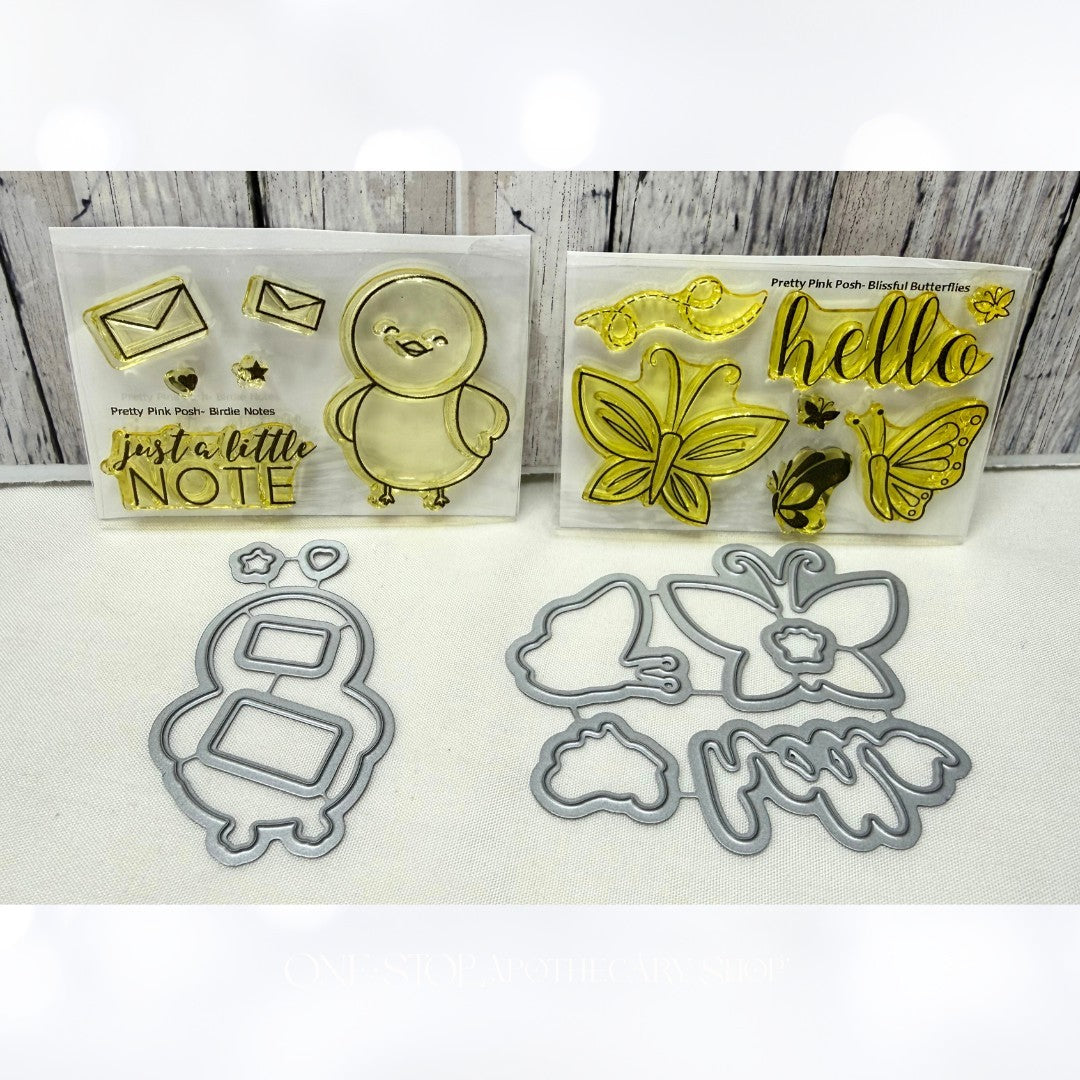 Pretty Pink Posh BIRDIE NOTES Blissful Butterflies Chick Rubber Stamps Dies