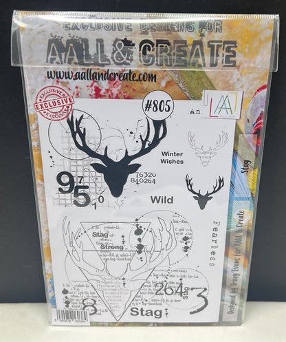 Aall & Create STAG Deer Mixed Media Numbers Antlers 6x8 Rubber Stamps Set