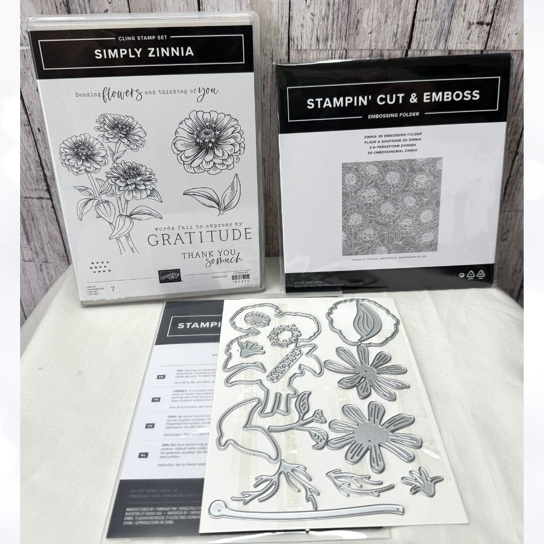 Stampin Up SIMPLY ZINNIA Flowers Rubber Stamps Dies Embossing Folder