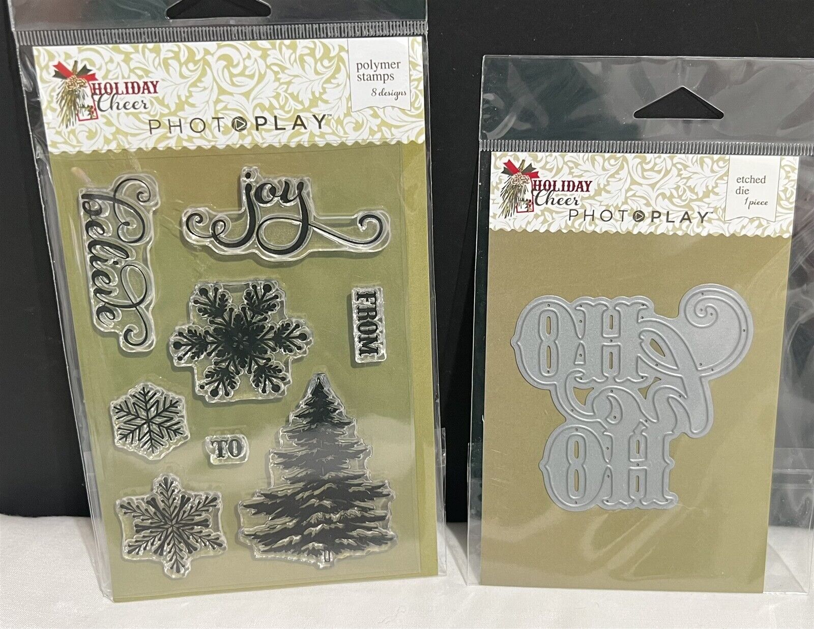 Photoplay HOLIDAY CHEER Christmas Tree Snowflakes Rubber Stamps Set DIes