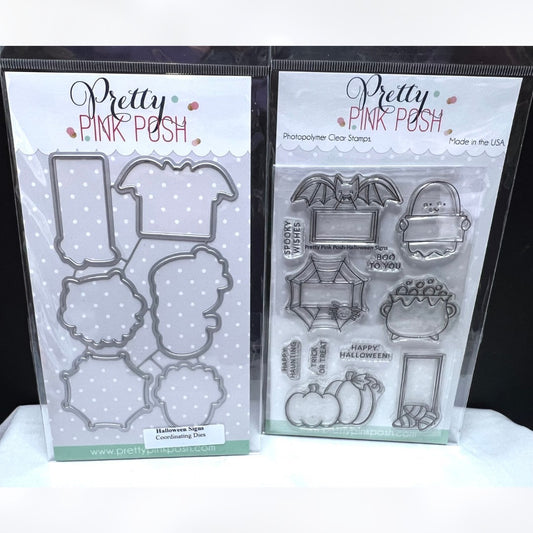Pretty Pink Posh HALLOWEEN SIGNS Ghost Pumpkins Rubber Stamps Dies