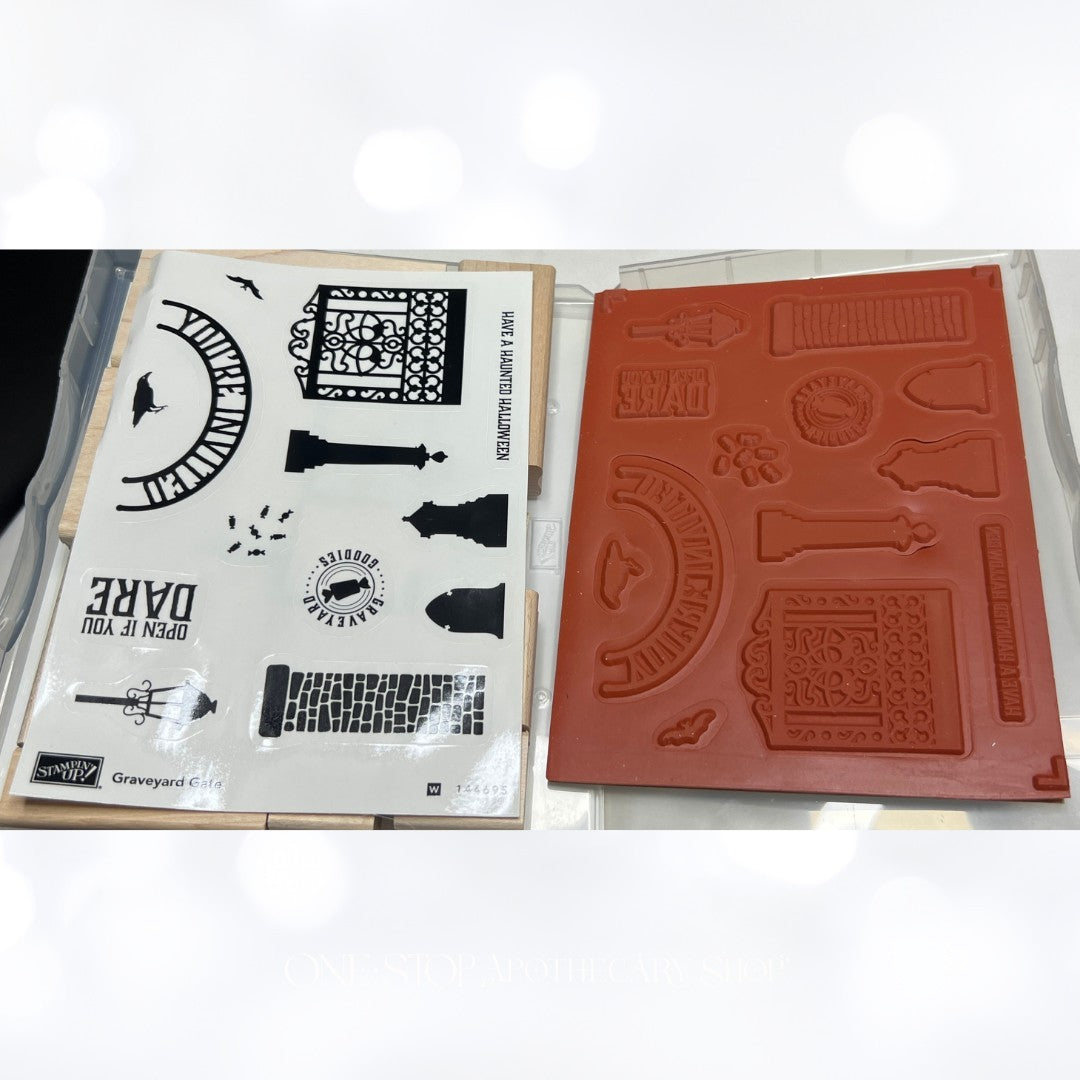 Stampin Up GRAVEYARD GATE Halloween Detailed Wood Rubber Stamps Thinlits Dies