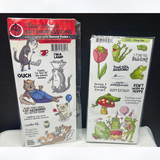 Art Impressions CATASTROPHY Frogs Cats Funny Rubber Stamps Lot of 2
