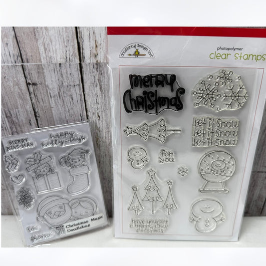 Doodlebug Designs CHRISTMAS MAGIC Snowglobe Santa Snowman Rubber Stamps