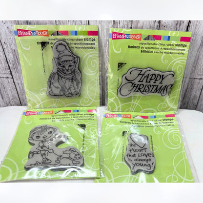 Stampendous CHRISTMAS Puppy Cat Little Boy Mini Rubber Stamps Lot of 4