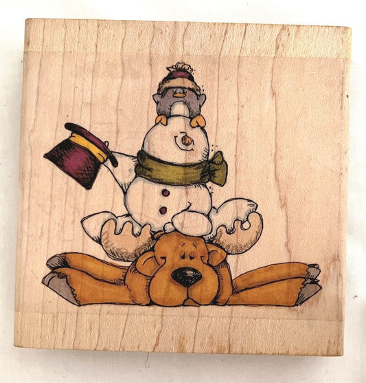 Whipper Snapper HATS OFF TO THE HOLIDAYS Moose Snowman Christmas Rubber Stamp