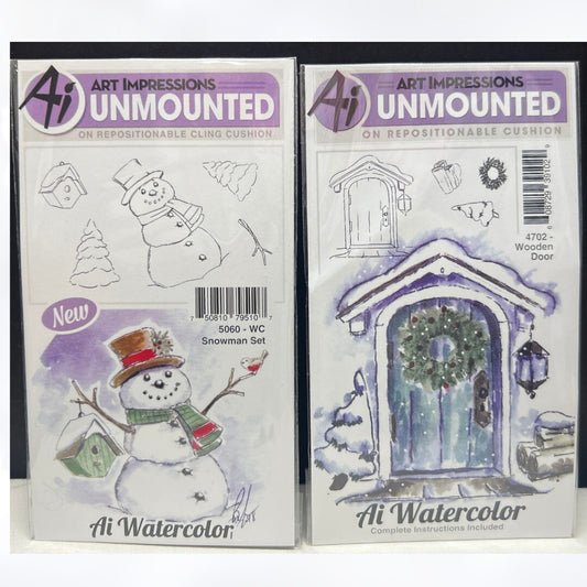 Art Impressions WOODEN DOOR Snowman Christmas Watercolor Rubber Stamps 