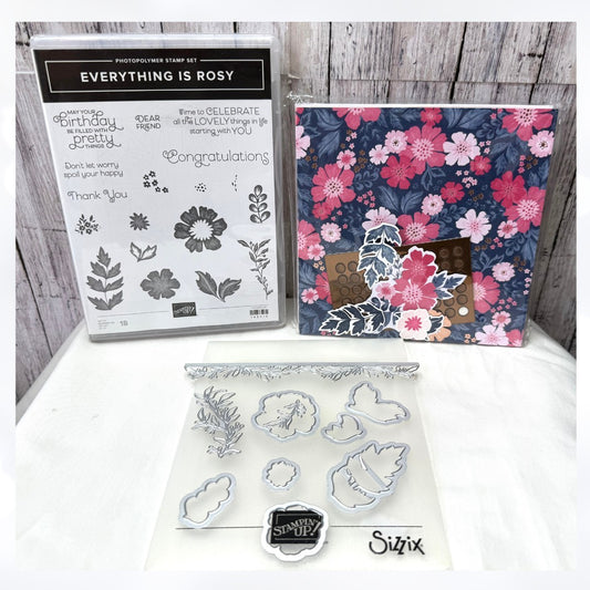 Stampin Up EVERYTHING IS ROSY Flowers Rubber Stamps Dies 6x6 Paper