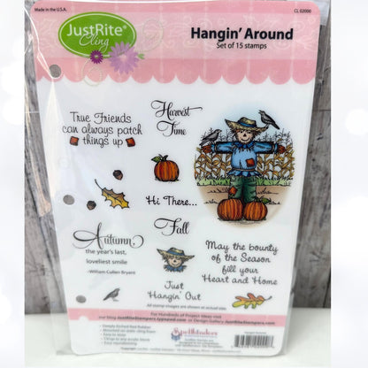 JustRite HANGING AROUND Fall Scarecrow Autumn Rubber Stamps