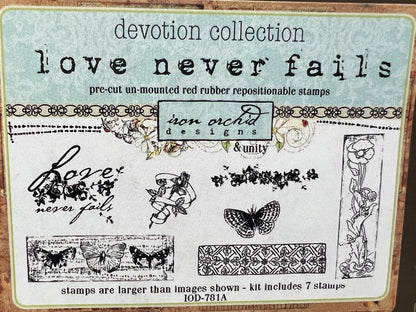 Unity Stamps LOVE NEVER FAILS Iron Orchid Design IOD Butterflies Rubber Stamps 