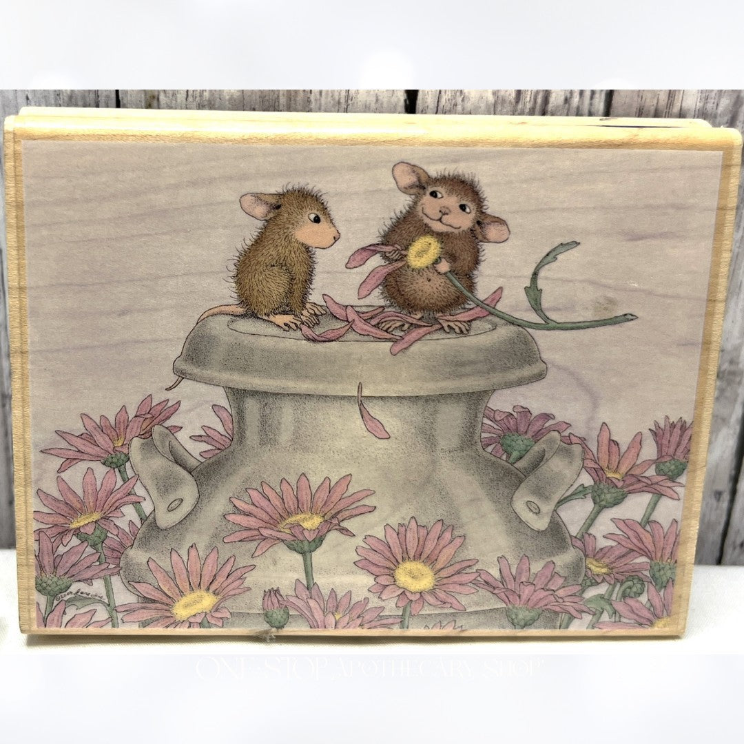 House Mouse SHE LOVES ME Flowers Mice Rubber Stamp