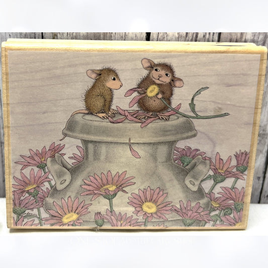 House Mouse SHE LOVES ME Flowers Mice Rubber Stamp
