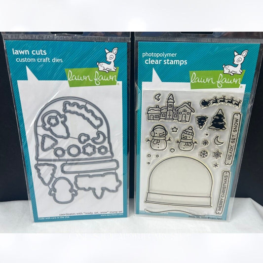 Lawn Fawn READY SET SNOW Christmas Snowglobe Rubber Stamps Dies