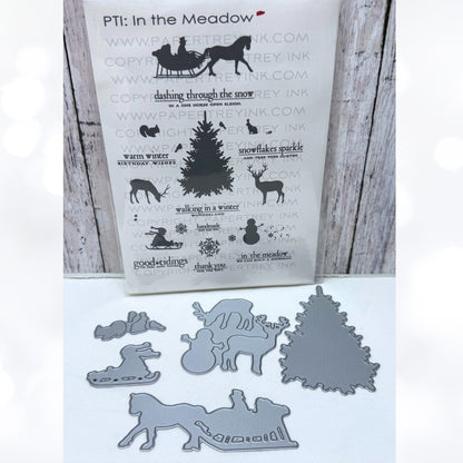 Papertrey Ink IN THE MEADOW Christmas Sleigh Rubber Stamps Dies