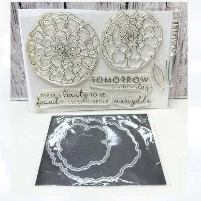 Papertrey Ink YEAR OF FLOWERS MARIGOLDS Floral Rubber Stamps Dies