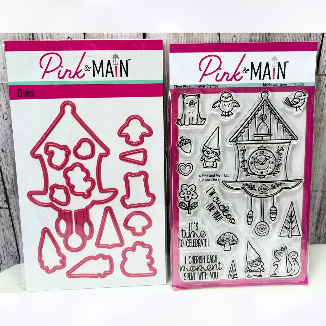 Pink & Main CUCKOO CLOCK Gnomes Rubber Stamps Dies