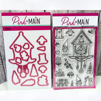 Pink & Main CUCKOO CLOCK Gnomes Rubber Stamps Dies