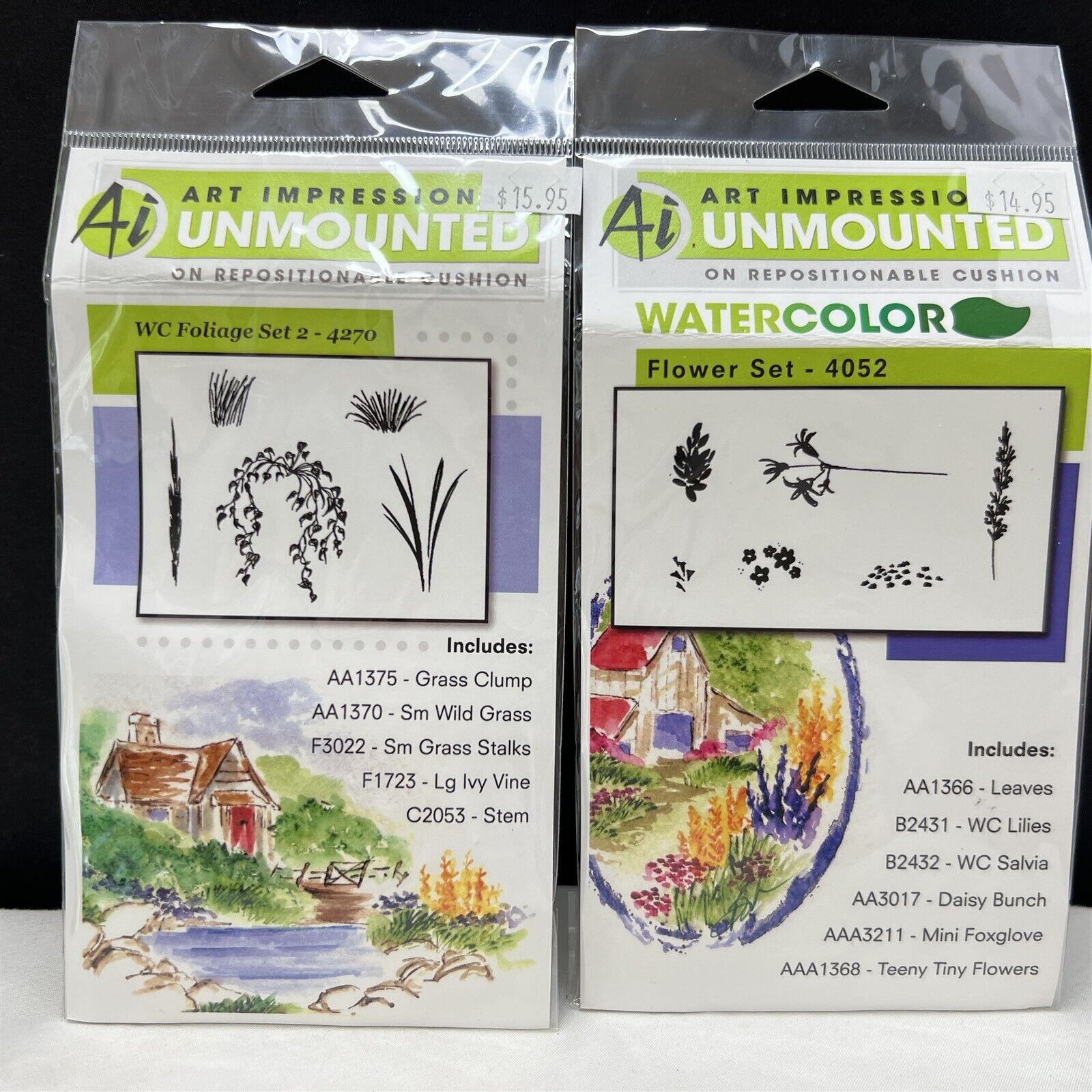 Art Impressions Watercolor FLOWER & FOLIAGE Sets 2 Rubber Stamps Lot 